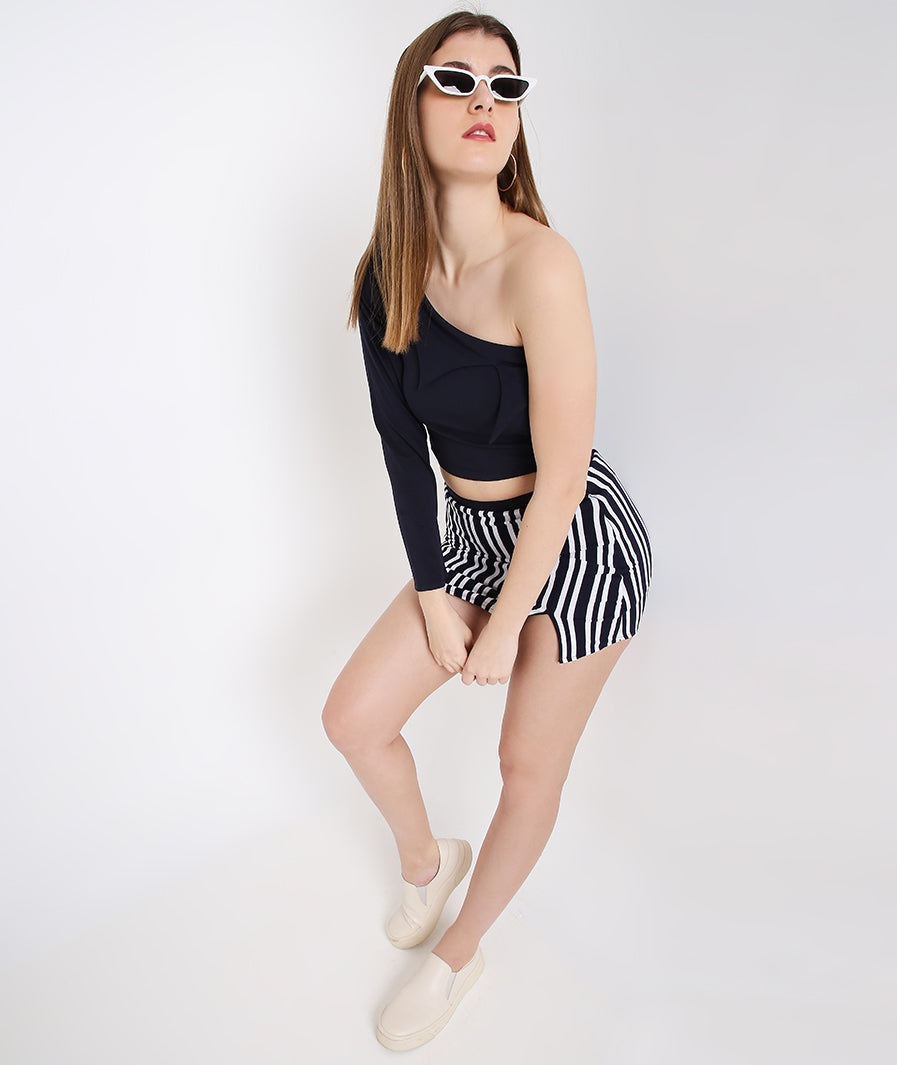 Black Stripe Mini Skirt – hem detail western mini skirt for women, Marcel & Mae
