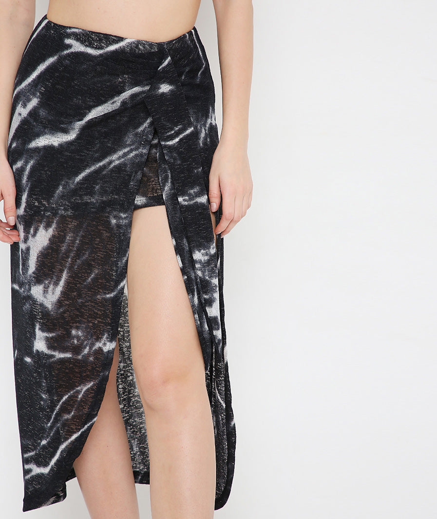 Wraparound Black Long Skirt styled for party and vacation – texture close-up
