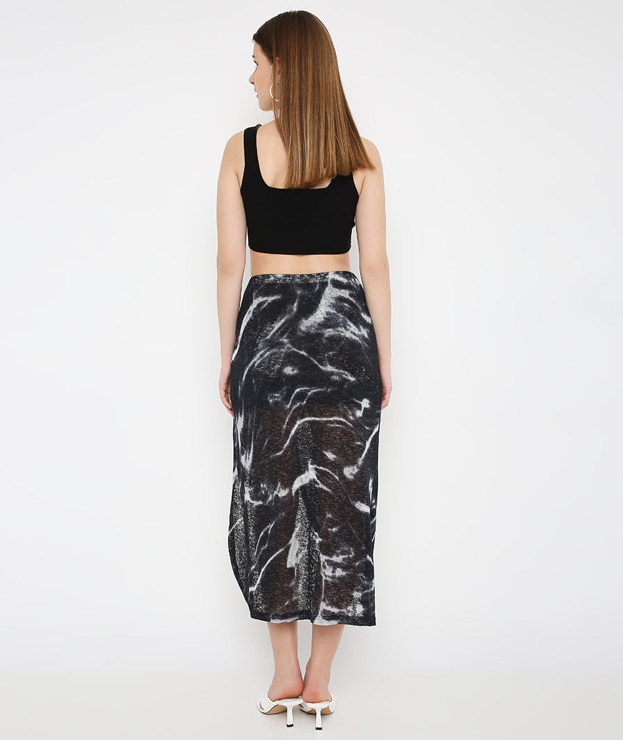 black long skirt: Wraparound Black Long Skirt (print detail)
