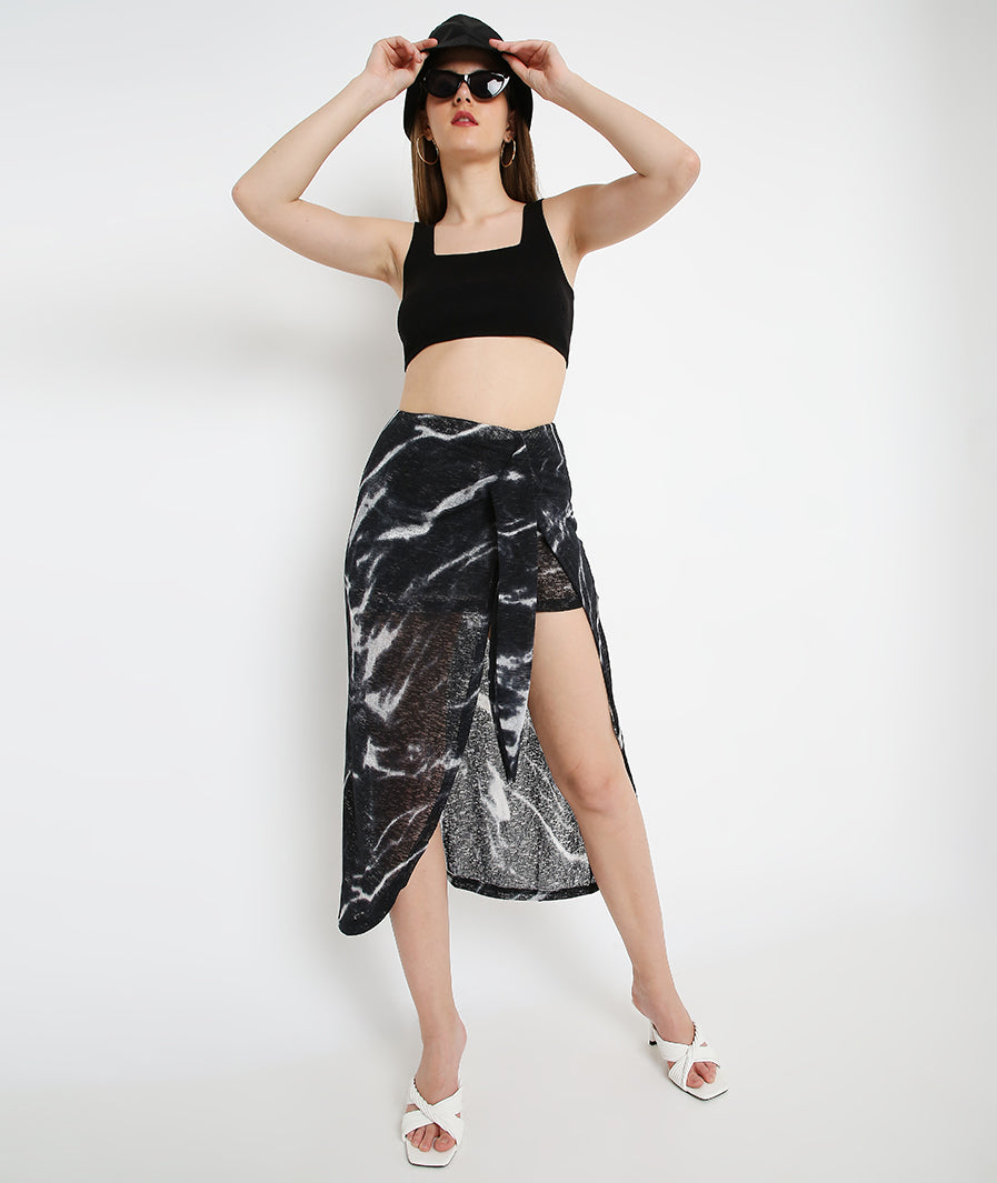 Marcel & Mae Wraparound Black Long Skirt, walking shot, black long skirt
