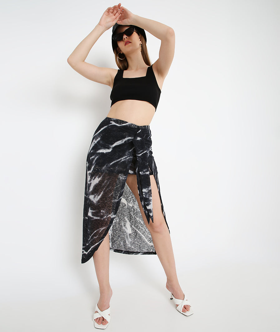 black long skirt: Wraparound Black Long Skirt (front view)
