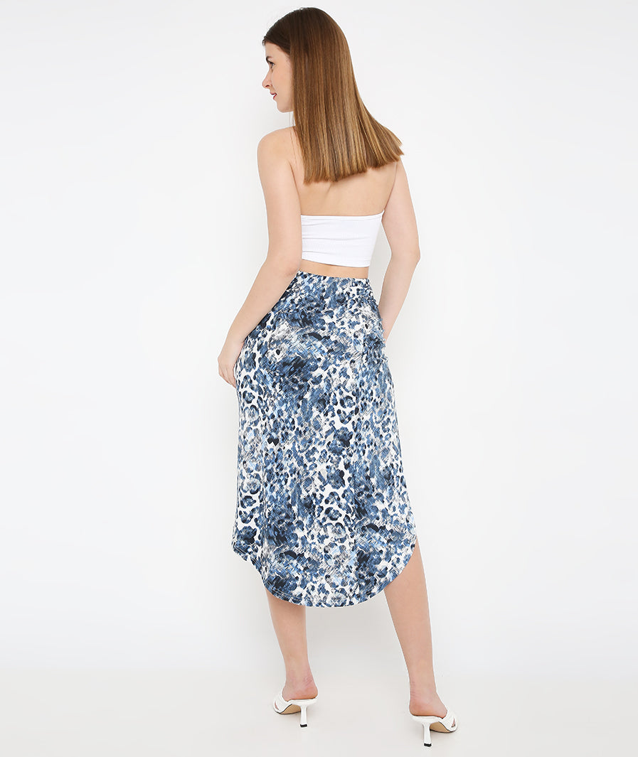 blue midi skirt: Blue Animal Print Midi Skirt (detail close-up)
