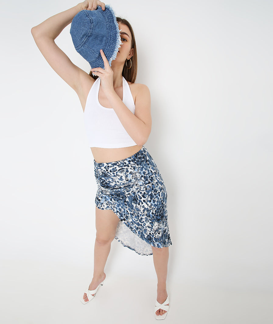 Marcel & Mae Blue Animal Print Midi Skirt, side angle, blue midi skirt (4)
