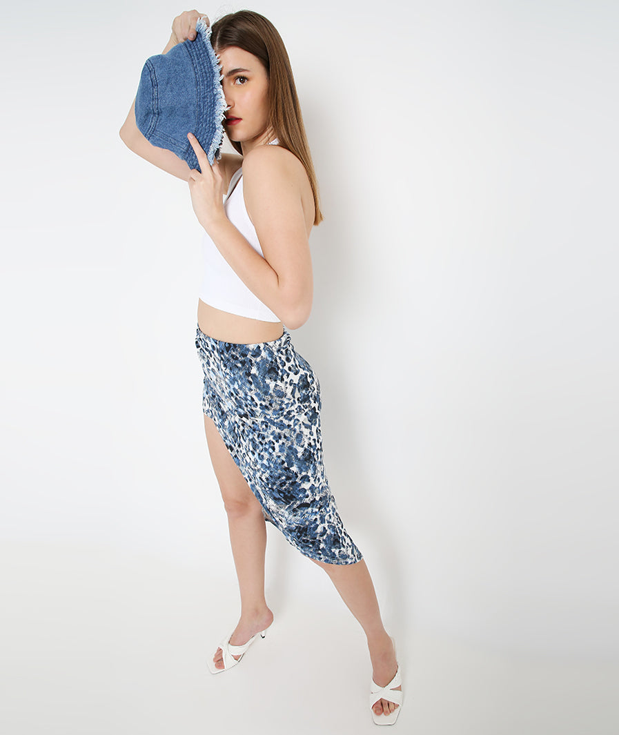 Blue Animal Print Midi Skirt styled for party and vacation – detail close-up
