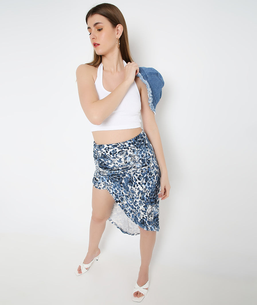 Blue Animal Print Midi Skirt styled for party and vacation – front view
