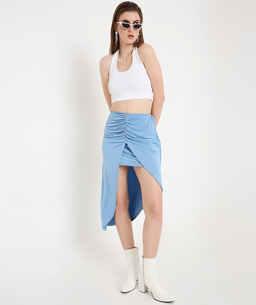 Marcel & Mae Blue crystal shimmer Midi Skirt, knot / tie detail, blue midi skirt
