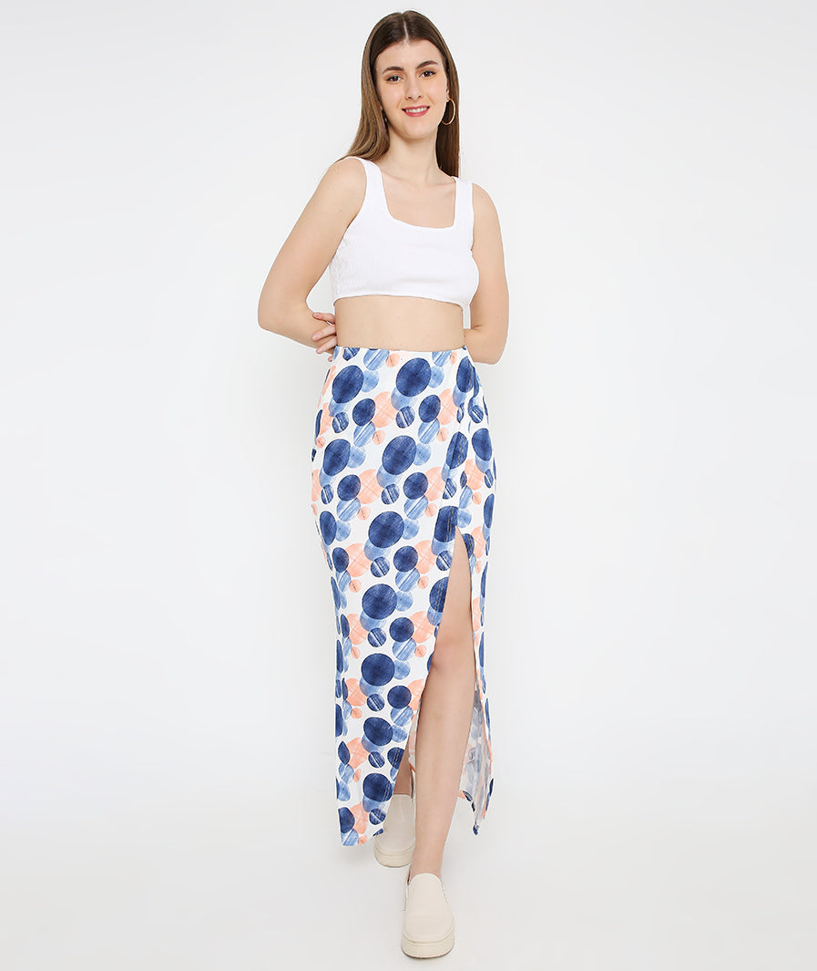 back view of Large-Circle Print Long Tulip Blue Skirt – soft stretch western skirt, Marcel & Mae
