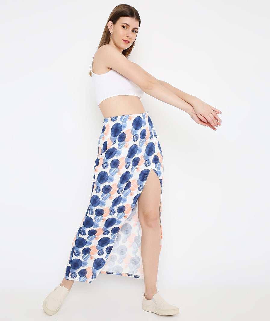hem detail of Large-Circle Print Long Tulip Blue Skirt – soft stretch western skirt, Marcel & Mae
