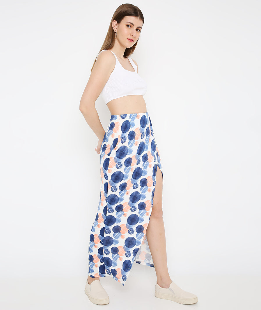 Large-Circle Print Long Tulip Blue Skirt styled for party and vacation – styled full length

