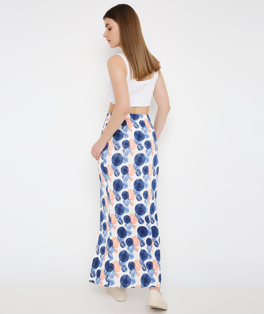 detail close-up of Large-Circle Print Long Tulip Blue Skirt – soft stretch western skirt, Marcel & Mae
