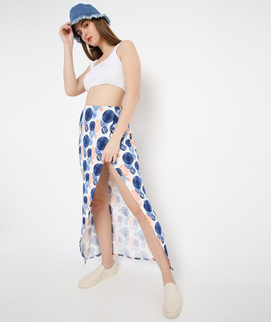 blue long skirt: Large-Circle Print Long Tulip Blue Skirt (print detail)
