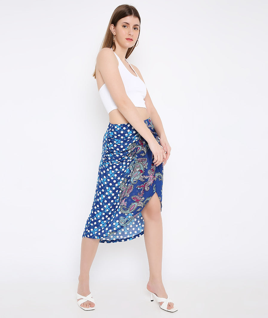 Blue Paisley Sarong Long Skirt styled for party and vacation – slit movement shot
