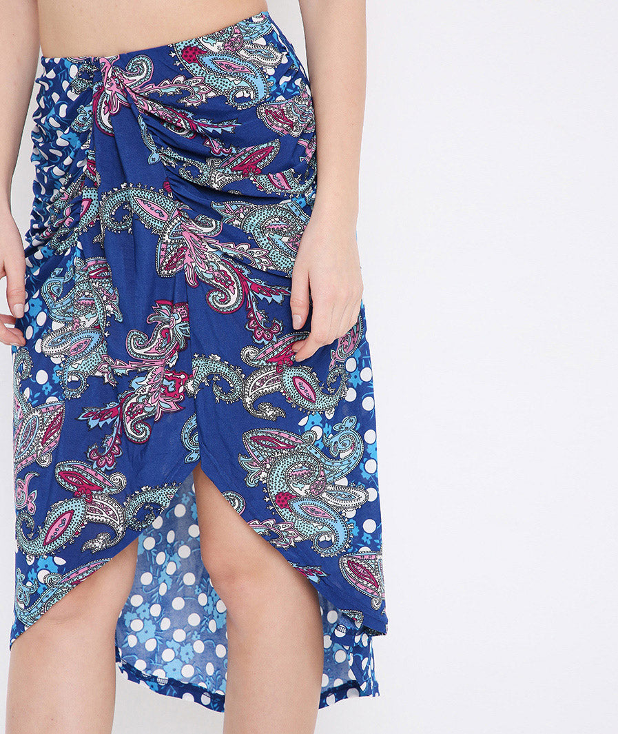 Blue Paisley Sarong Long Skirt styled for party and vacation – print detail
