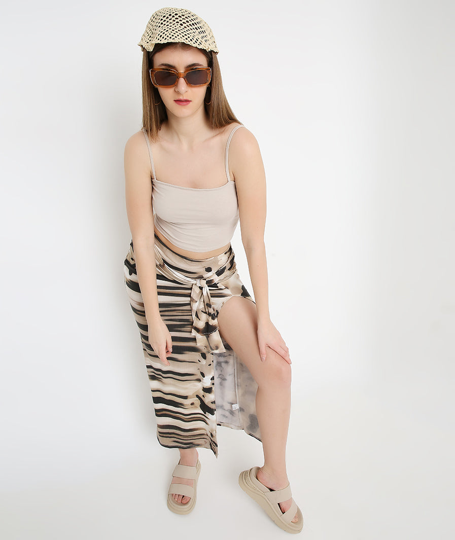 Brown Moo Front Knot Long Skirt styled for party and vacation – detail close-up
