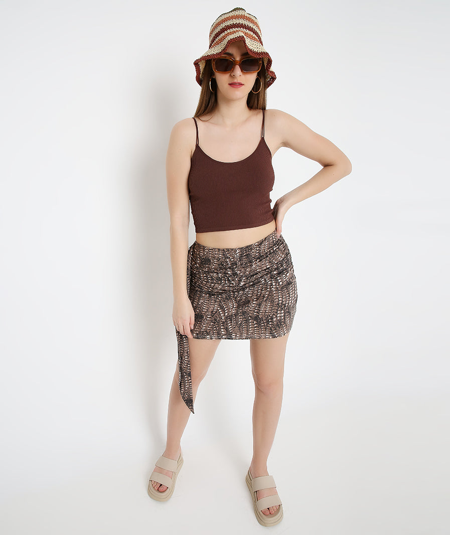 Brown scaly animal print Sashed Mini Skirt – waist detail western mini skirt for women, Marcel & Mae
