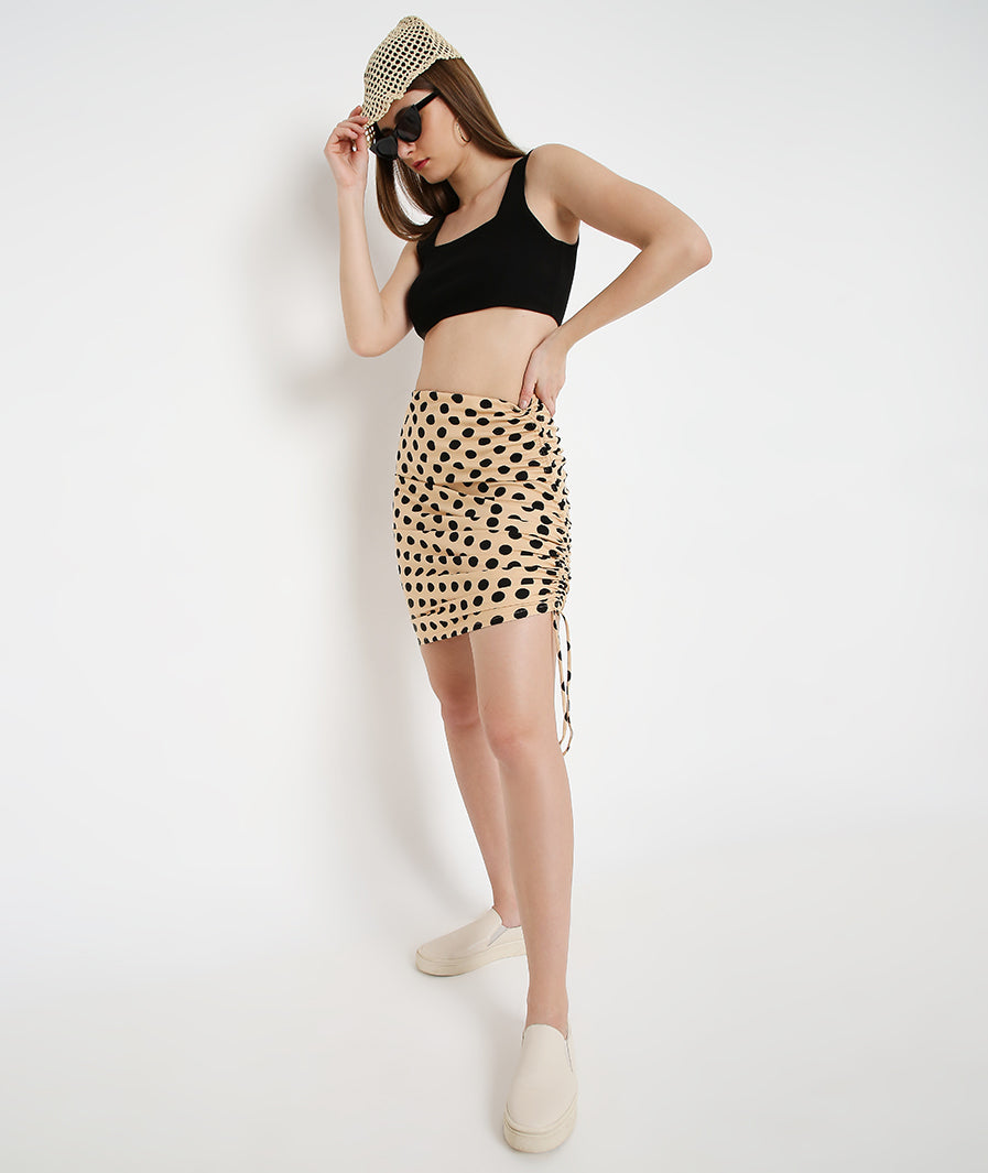 styled full length of Cream Polka Drawstring Mini Skirt – soft stretch western skirt, Marcel & Mae
