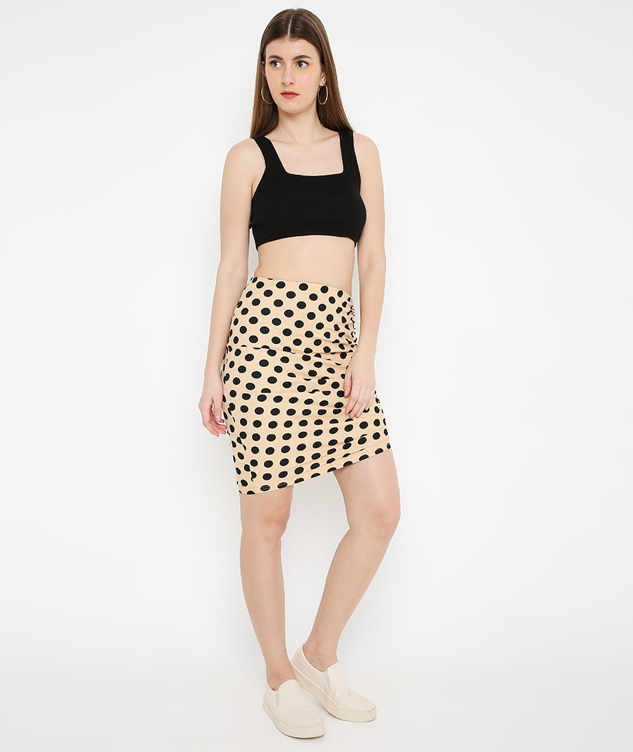cream mini skirt: Cream Polka Drawstring Mini Skirt (pair with crop top look)
