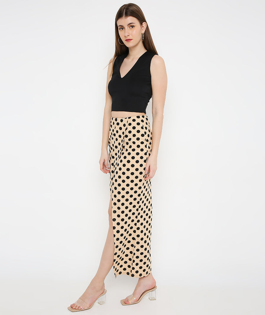 cream long skirt: Cream Polka Long Tulip Skirt for Women for Women (walking shot)
