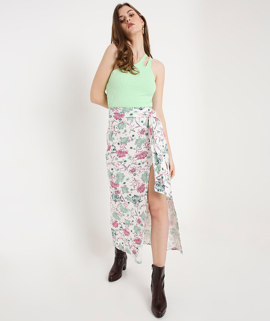 walking shot of Floral Front Knot Long Skirt – soft stretch western skirt, Marcel & Mae
