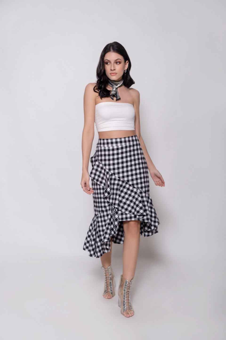 seated pose of Gingham Midi Skirt for Women for Women – soft stretch western skirt, Marcel & Mae
