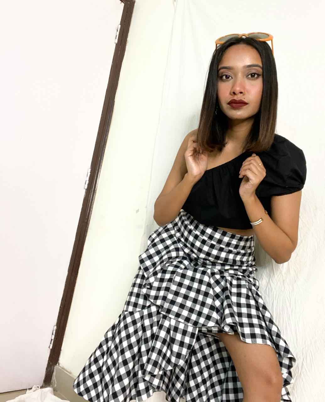 statement midi skirt: Gingham Midi Skirt for Women for Women (walking shot)
