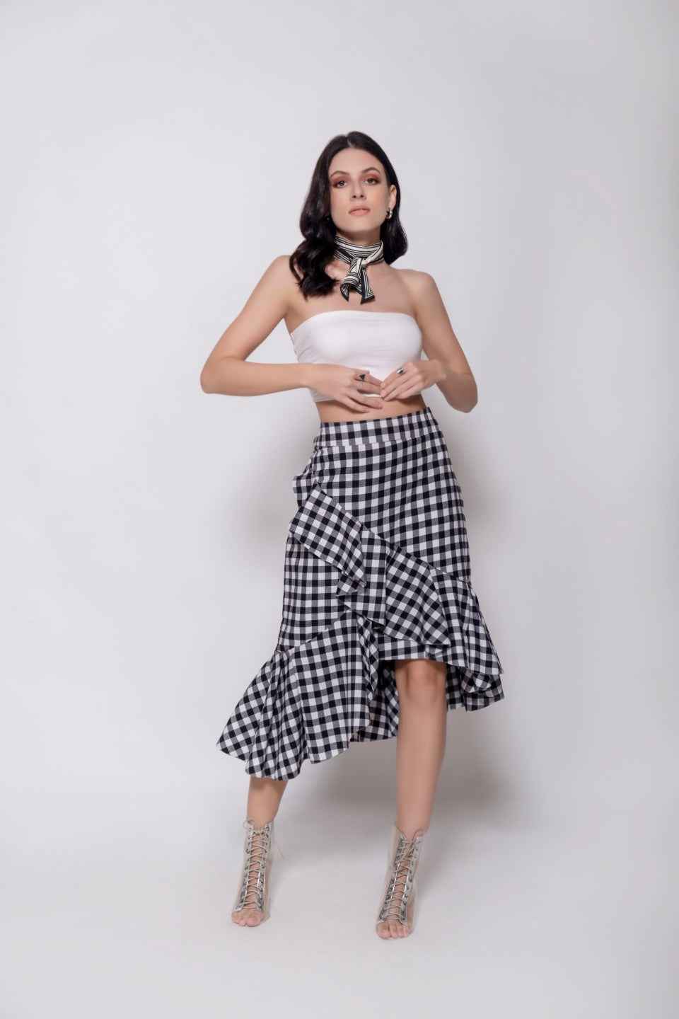 Gingham Midi Skirt for Women for Women – slit movement shot western midi skirt for women, Marcel & Mae
