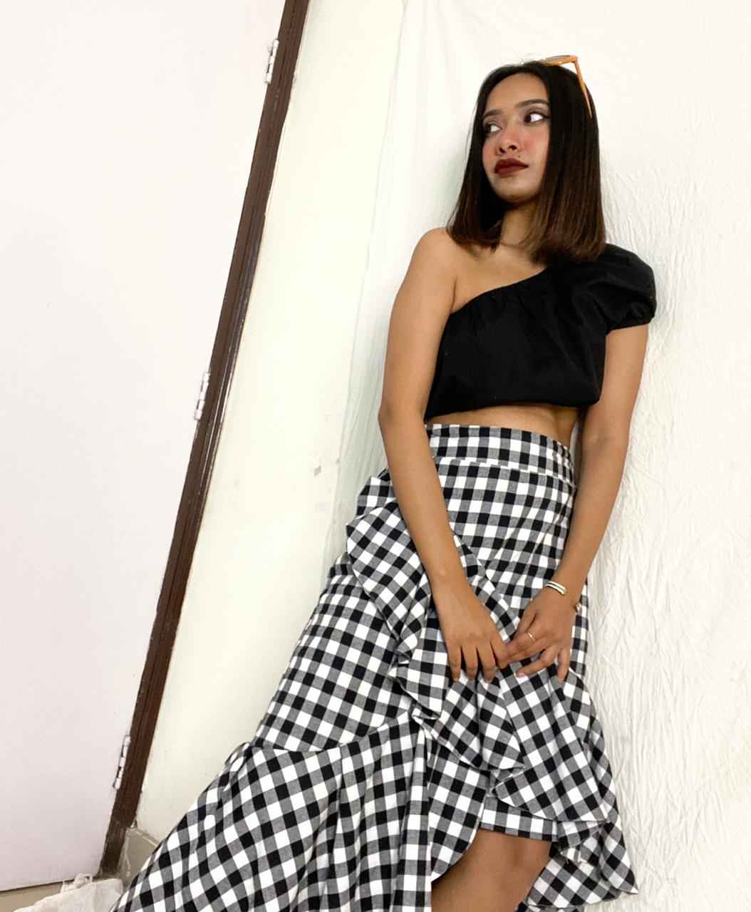 Marcel & Mae Gingham Midi Skirt for Women for Women, print detail, statement midi skirt
