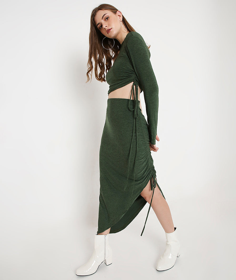 Marcel & Mae Green Drawstring Asymmetrical Long Skirt, print detail, green long skirt
