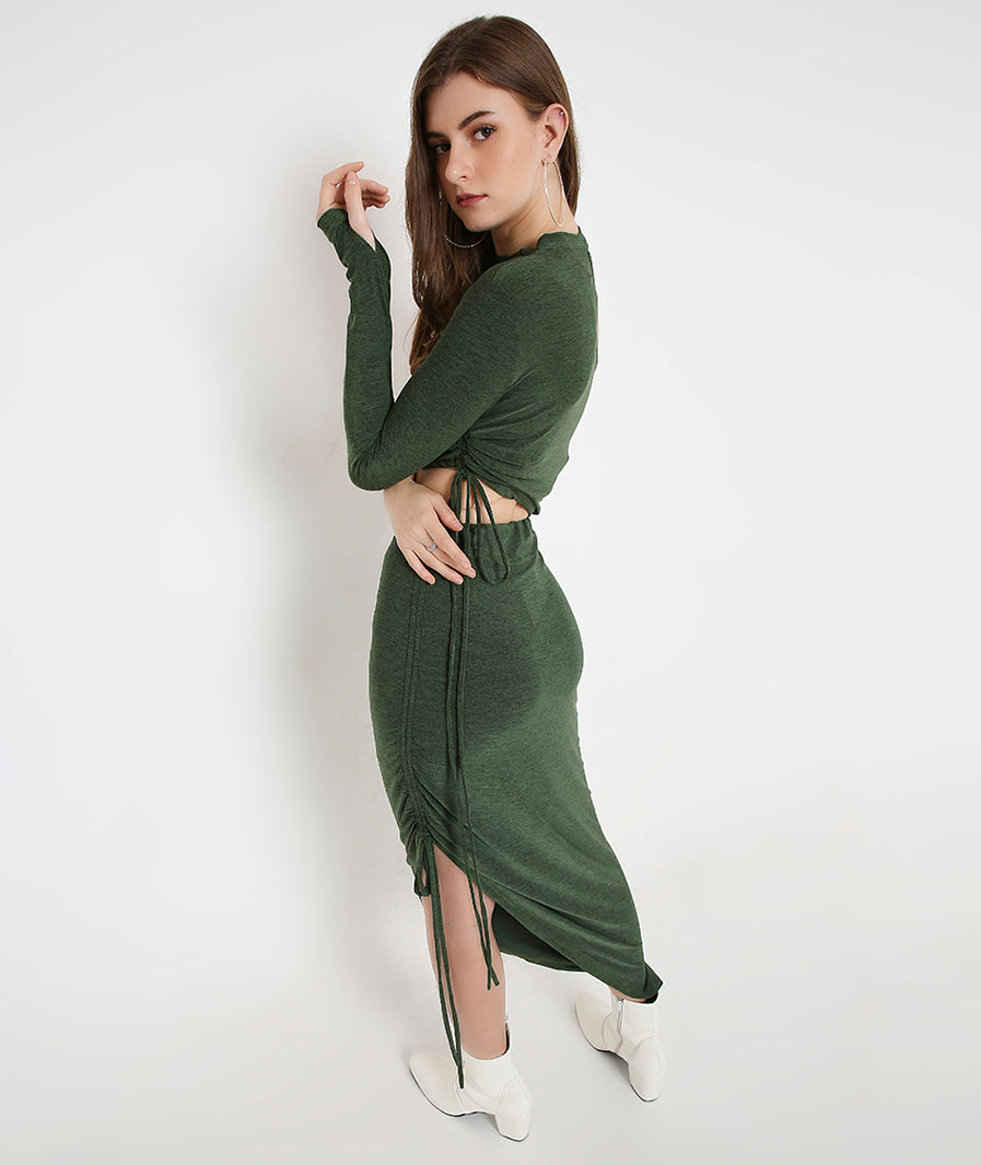 Marcel & Mae Green Drawstring Asymmetrical Long Skirt, back view, green long skirt (7)
