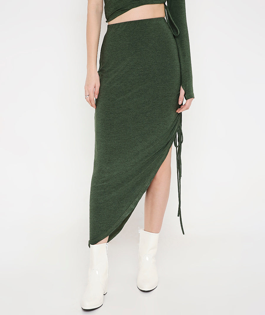 Green Drawstring Asymmetrical Long Skirt – hem detail western long skirt for women, Marcel & Mae
