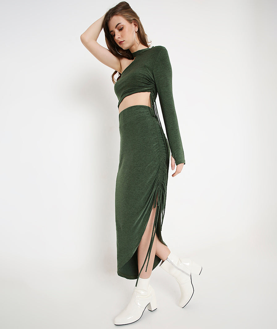 Green Drawstring Asymmetrical Long Skirt – slit movement shot western long skirt for women, Marcel & Mae

