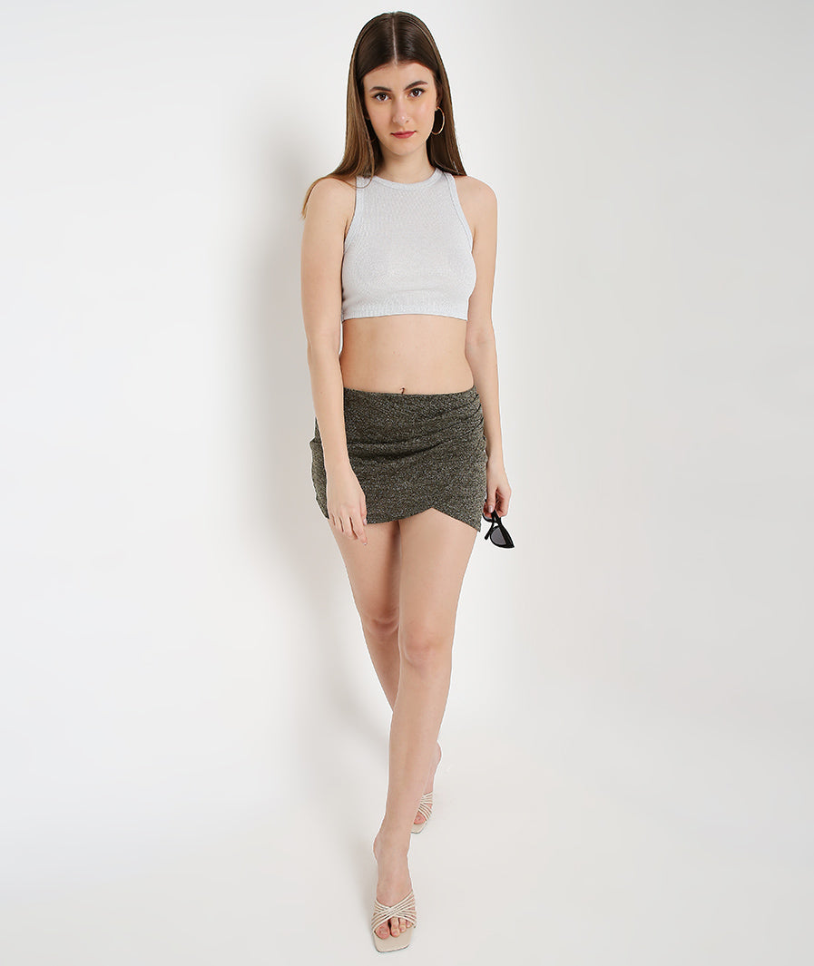 Green Shimmer Mini Skirt – detail close-up western mini skirt for women, Marcel & Mae
