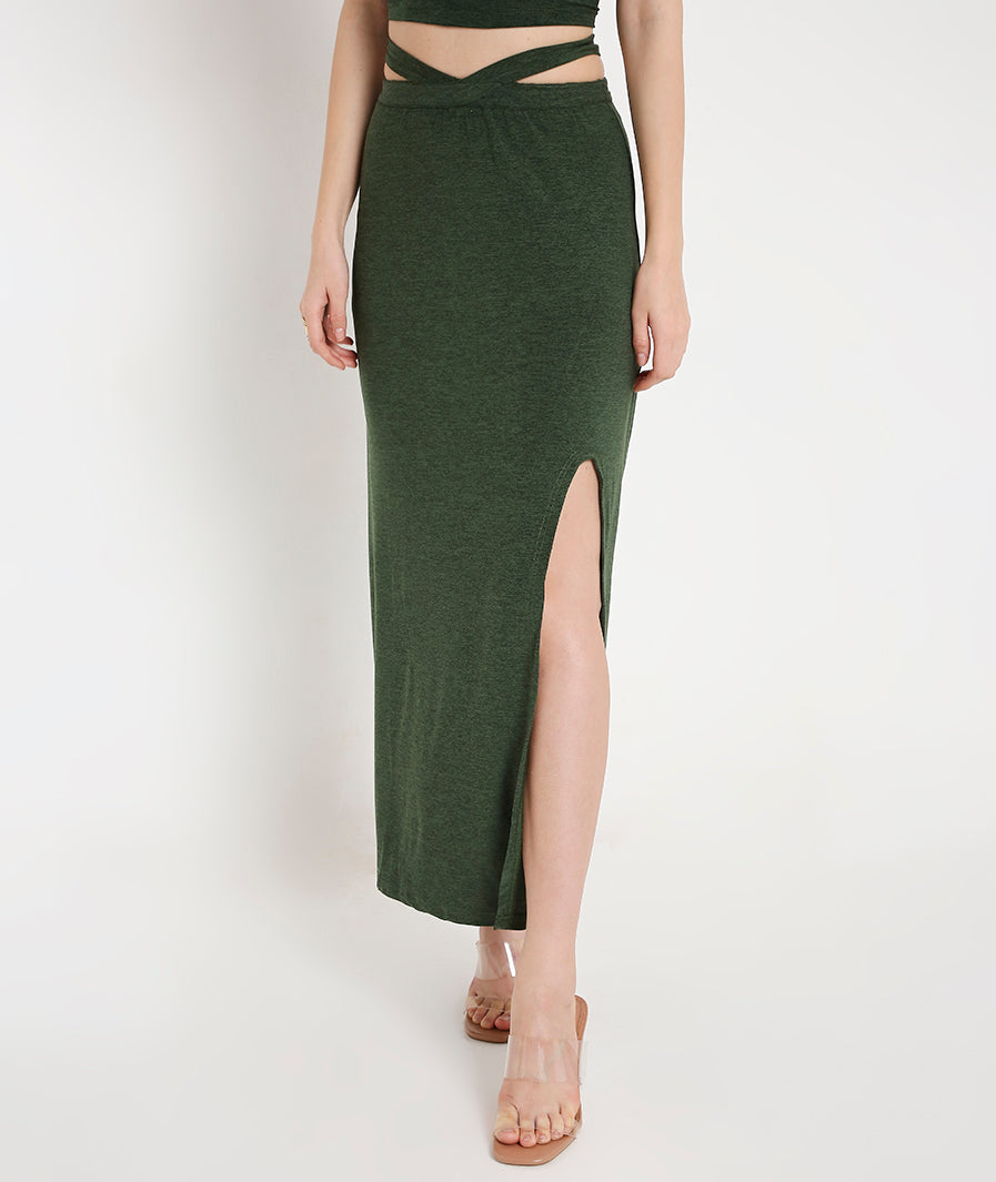 Marcel & Mae Green Long Skirt with Side Cut-Out and Front Slit, print detail, green long skirt
