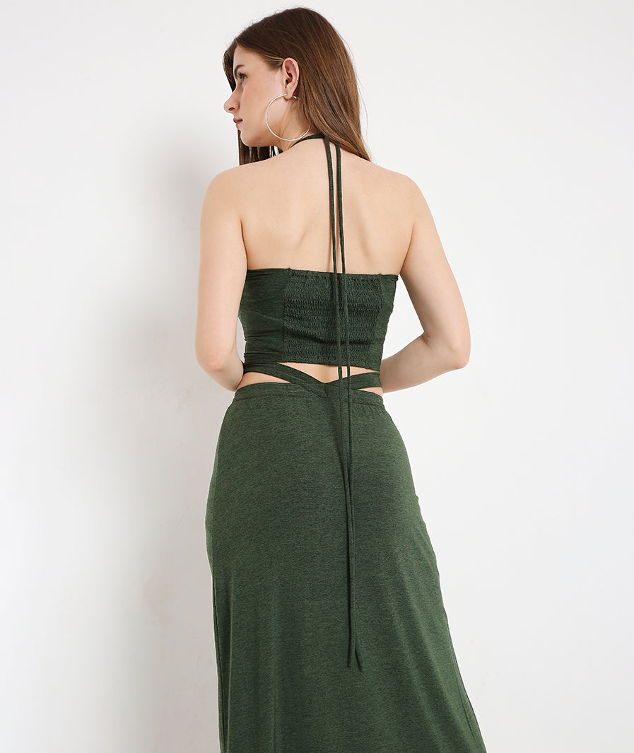Marcel & Mae Green Long Skirt with Side Cut-Out and Front Slit, pair with crop top look, green long skirt
