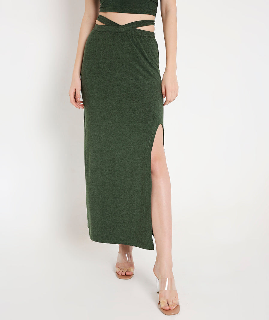 green long skirt: Green Long Skirt with Side Cut-Out and Front Slit (evening styling)
