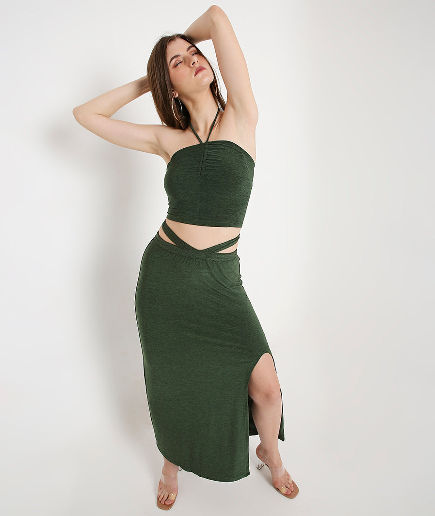 Marcel & Mae Green Long Skirt with Side Cut-Out and Front Slit, detail close-up, green long skirt
