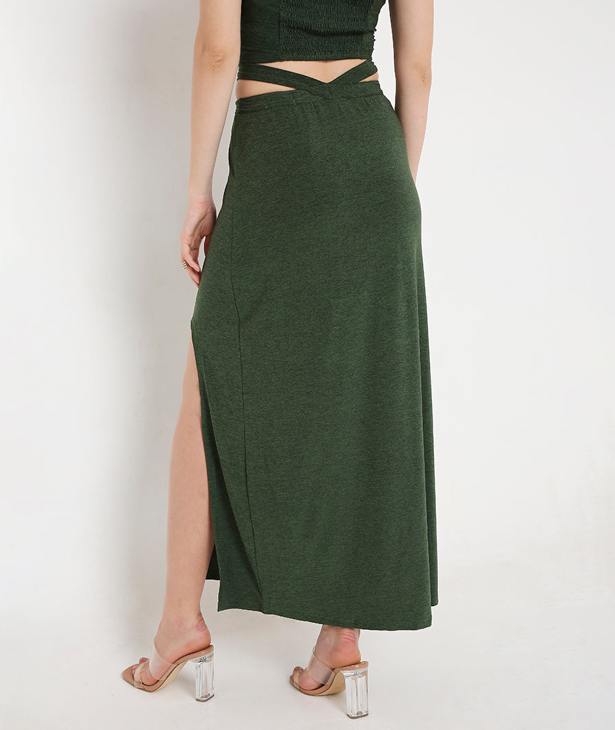 Marcel & Mae Green Long Skirt with Side Cut-Out and Front Slit, waist detail, green long skirt
