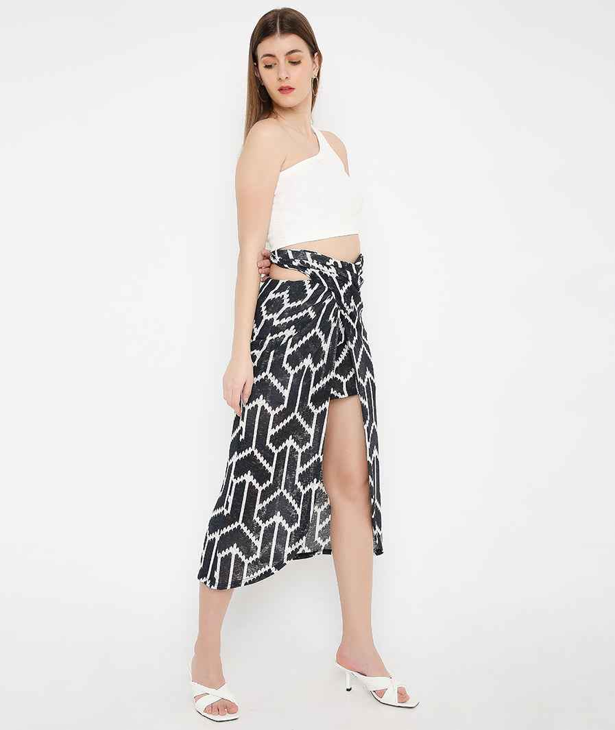 Side angle grey asym neck and black arrow skirt co-ord for women
