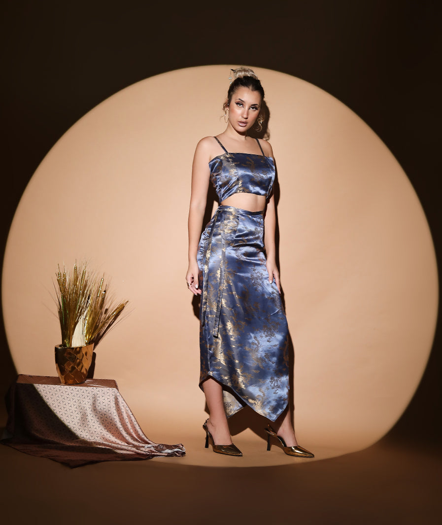 Marcel & Mae Grey dragon print Satin Handkerchief Skirt, front view, grey long skirt
