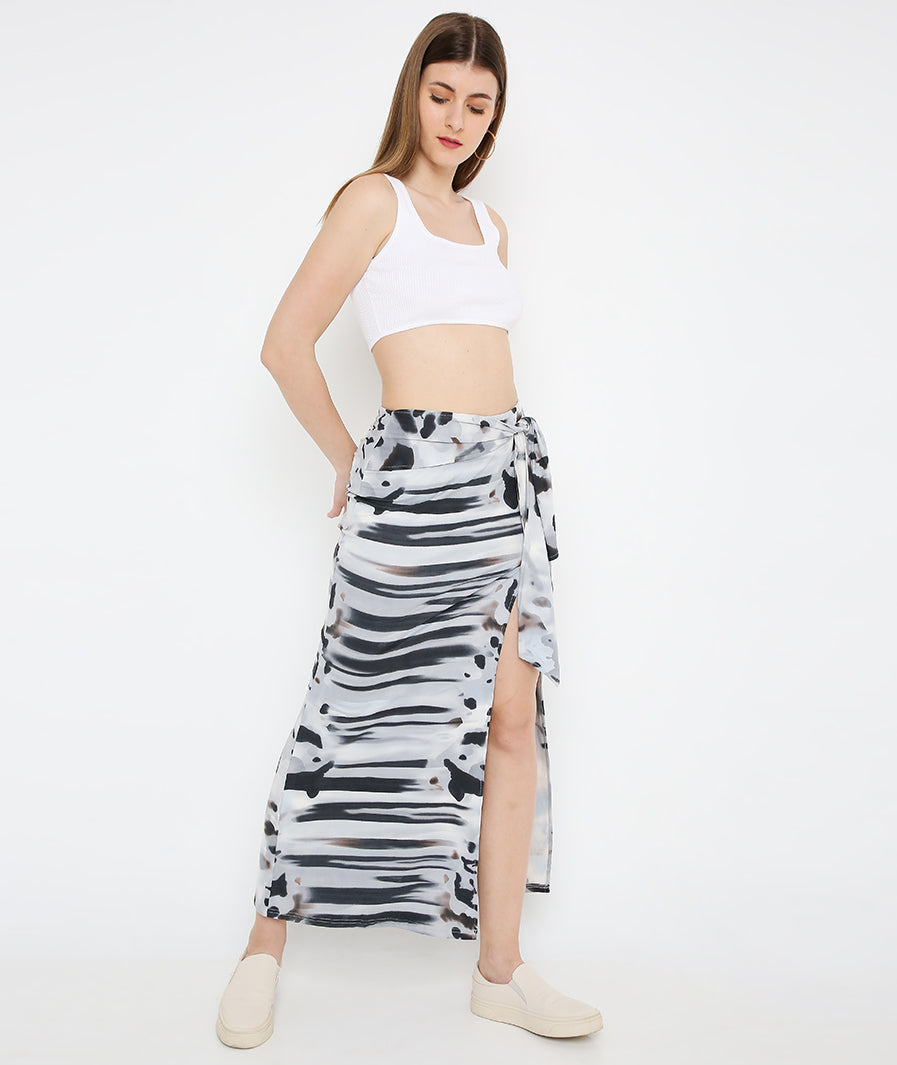Marcel & Mae Grey Moo Front Knot Long Skirt, print detail, grey long skirt
