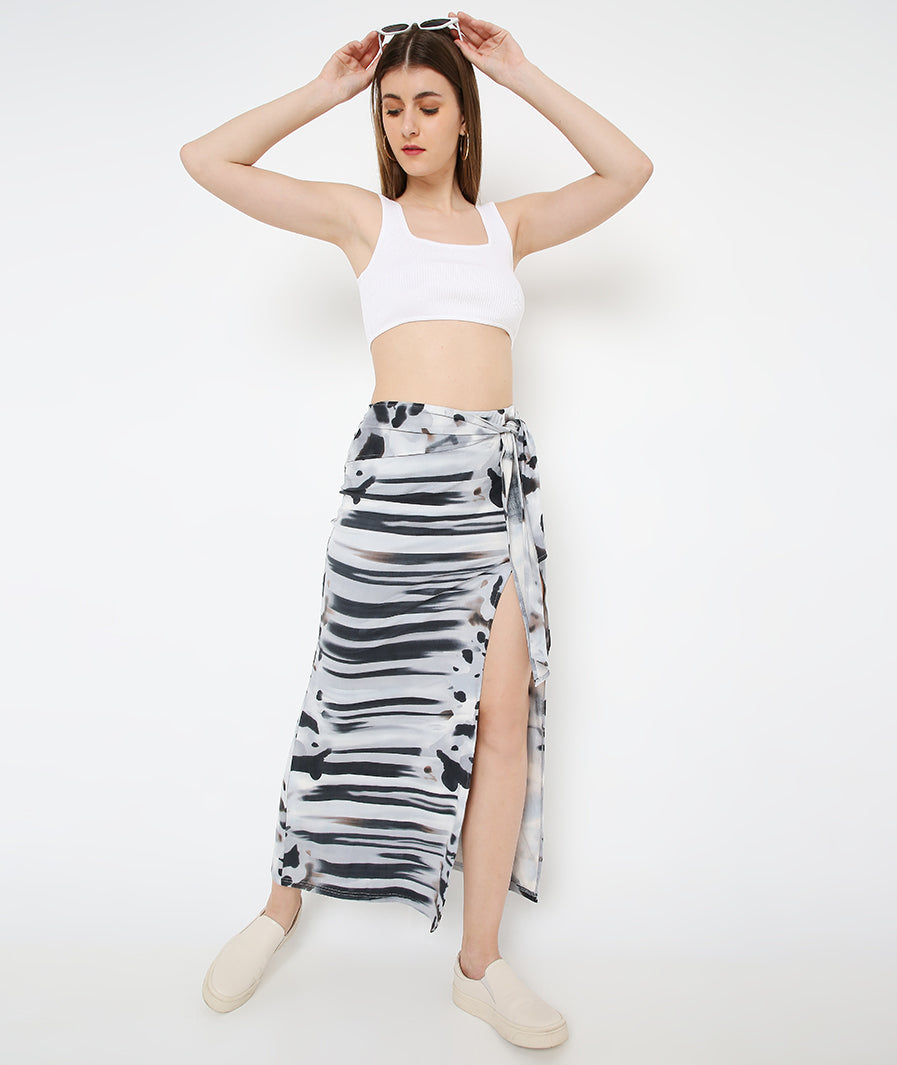 grey long skirt: Grey Moo Front Knot Long Skirt (walking shot)
