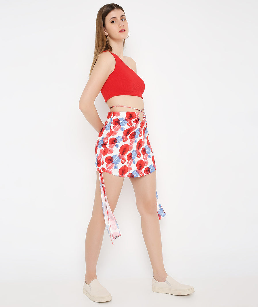 Marcel & Mae Large Circles Cut-Out Mini Skirt, side angle, statement mini skirt
