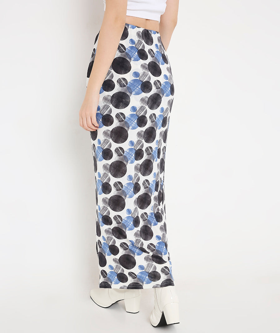 Marcel & Mae Large Circles Grey Slit Long Skirt, knot / tie detail, grey long skirt

