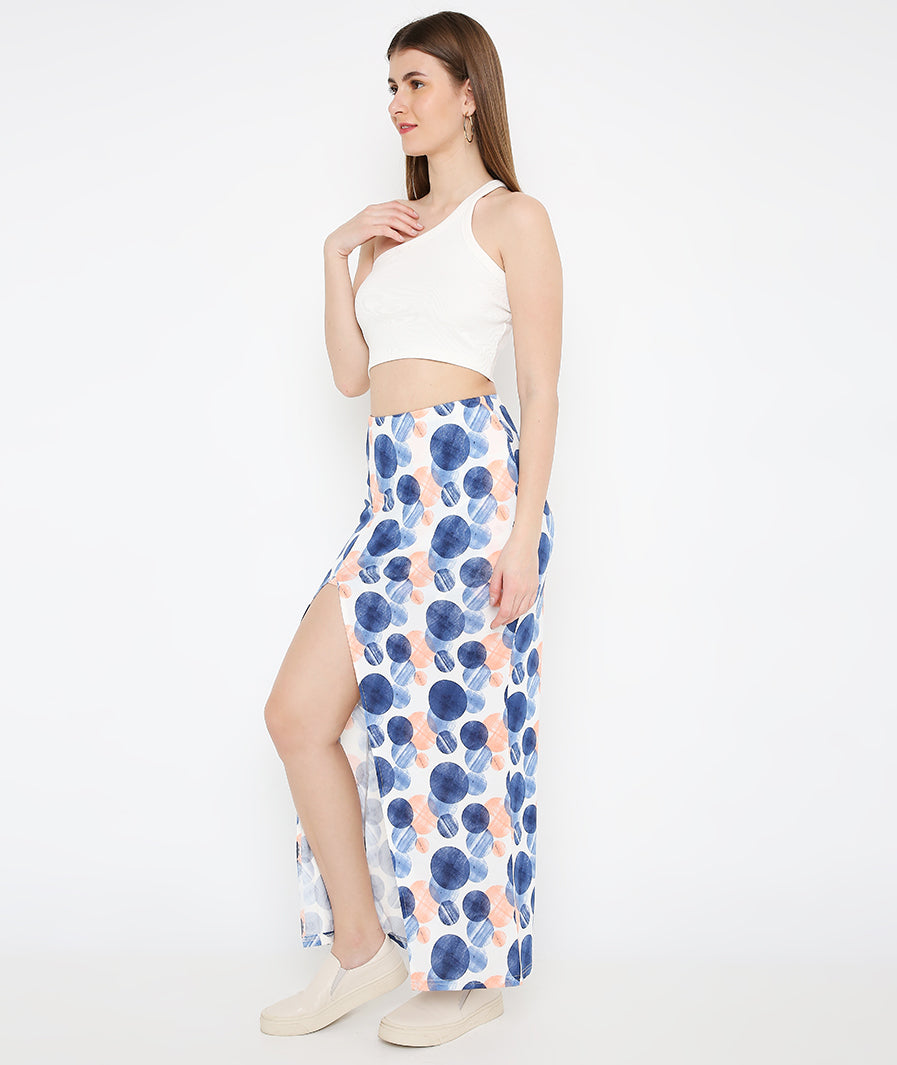 statement long skirt: Large Circles High Slit Long Skirt (seated pose)
