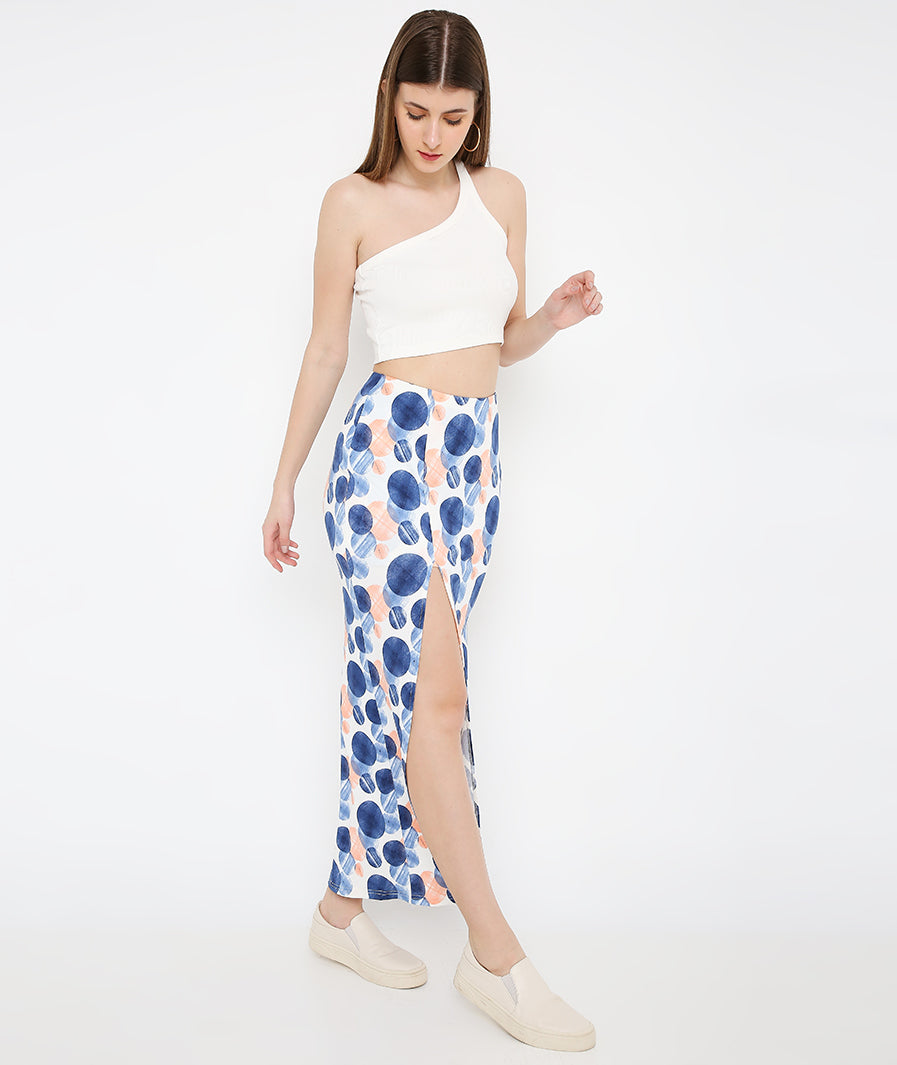 Marcel & Mae Large Circles High Slit Long Skirt, front view, statement long skirt
