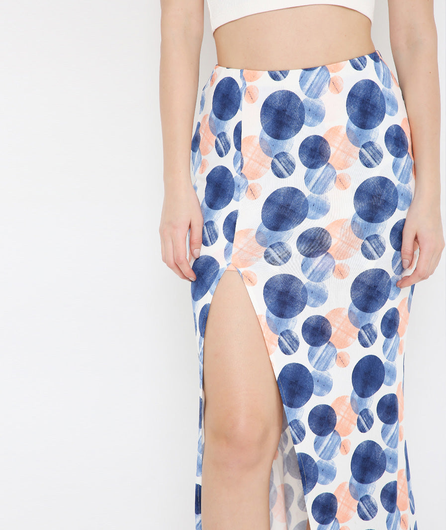 Marcel & Mae Large Circles High Slit Long Skirt, slit movement shot, statement long skirt
