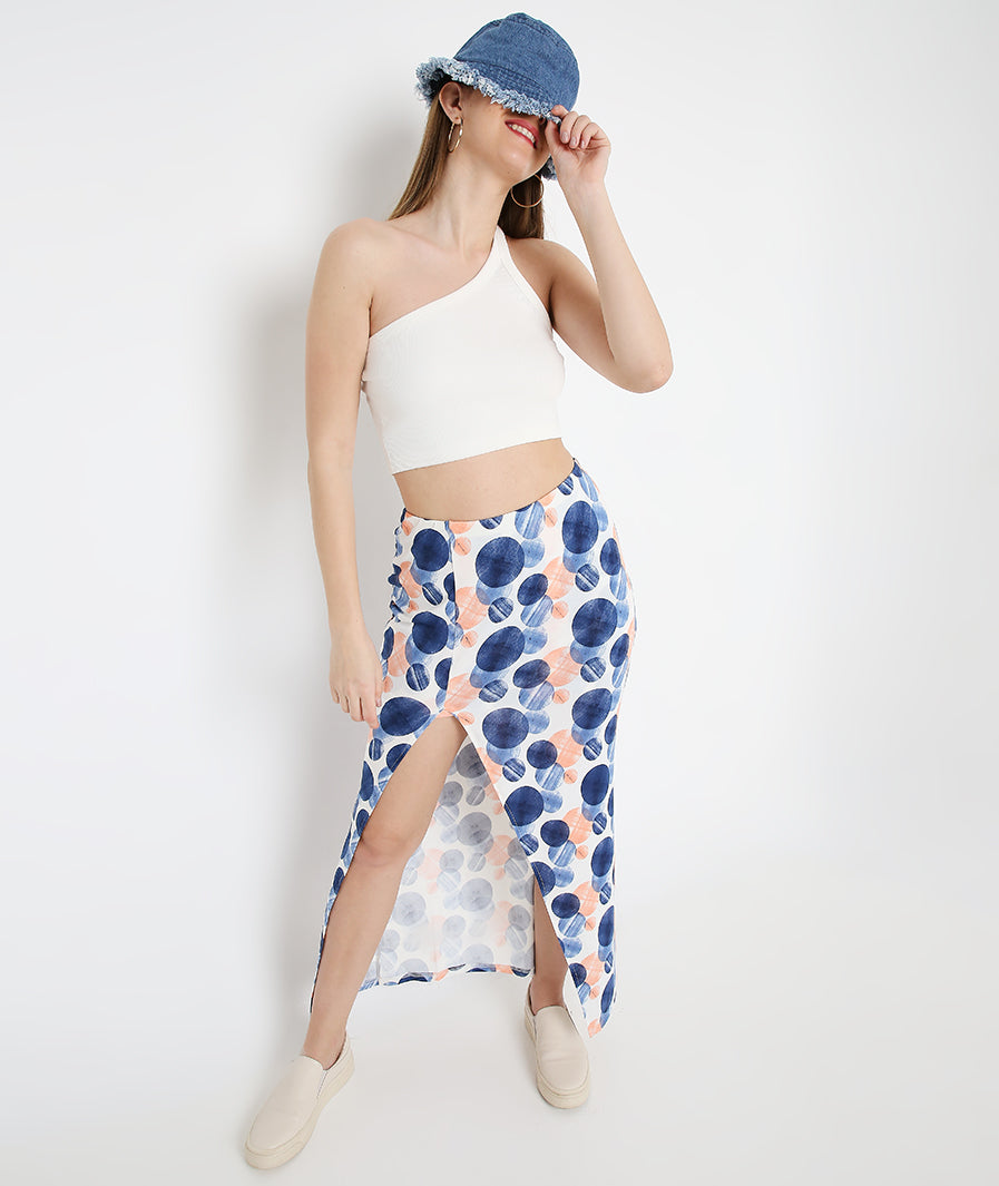 Large Circles High Slit Long Skirt styled for party and vacation – knot / tie detail
