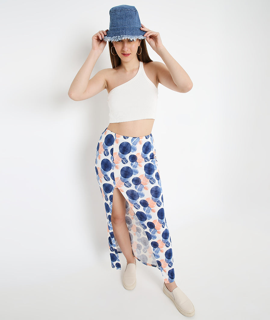 front view of Large Circles High Slit Long Skirt – soft stretch western skirt, Marcel & Mae
