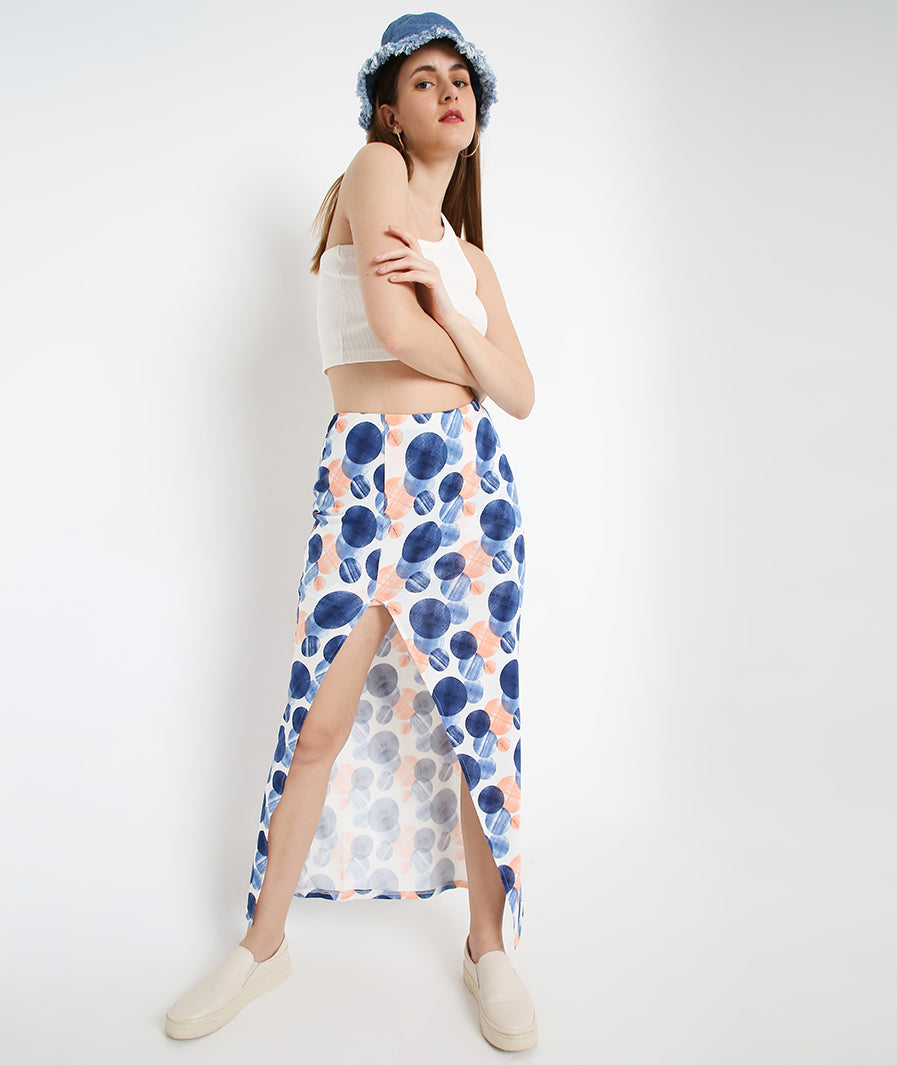 Large Circles High Slit Long Skirt styled for party and vacation – seated pose
