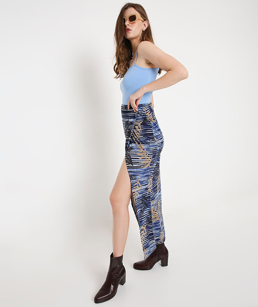 back view of Bamboo Print Long Tulip Skirt – soft stretch western skirt, Marcel & Mae
